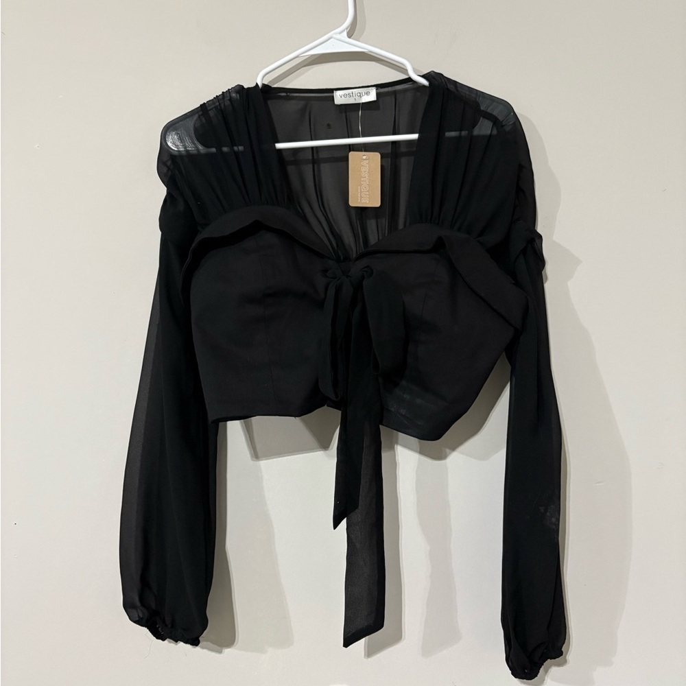 Vestique Women's Black Tie Front Long Sleeve Crop Top Size S - Picture 3 of 4